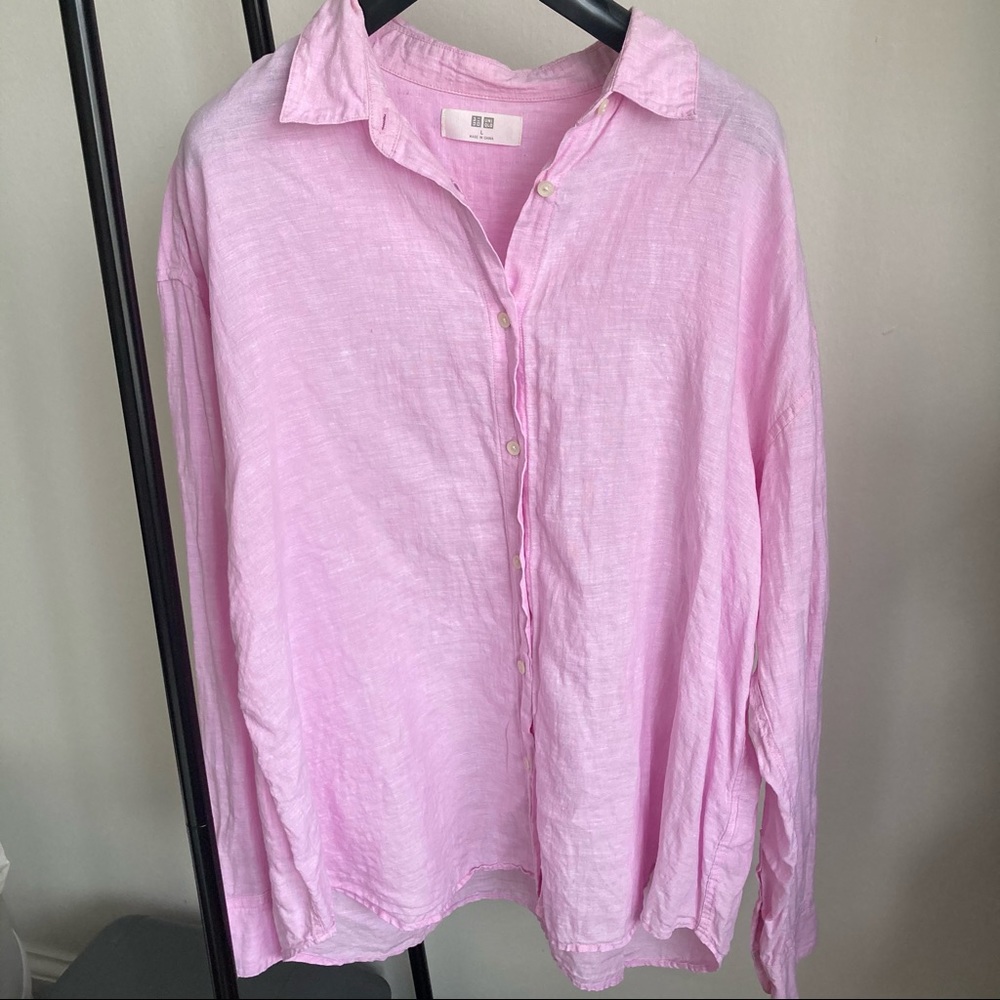 Uniqlo Premium Linen Long-Sleeve Shirt, Pink, Large